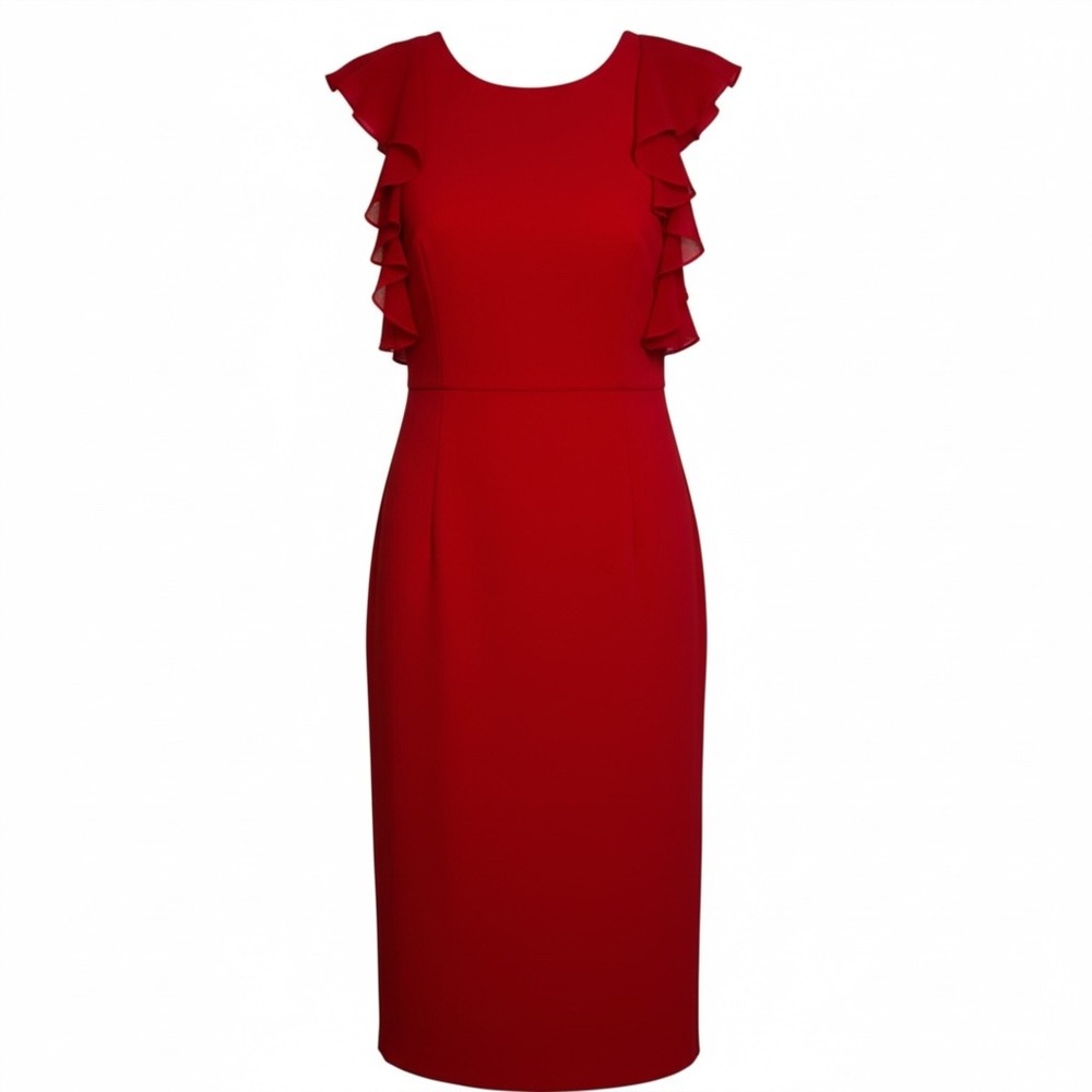 Trina Turk Womens Red Ruffle Sleeve‎ Sheath Cocktail Dress Size 4 Round Neck